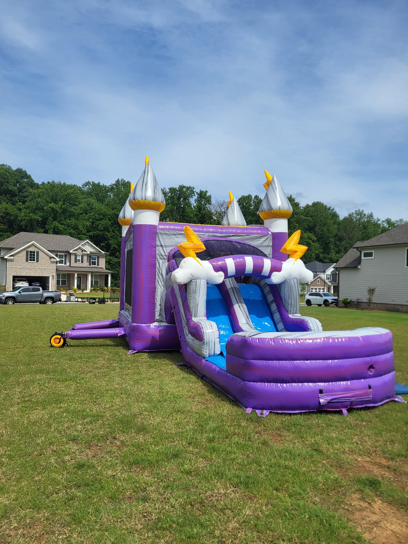 Front view of the Purple Lightning Combo inflatable